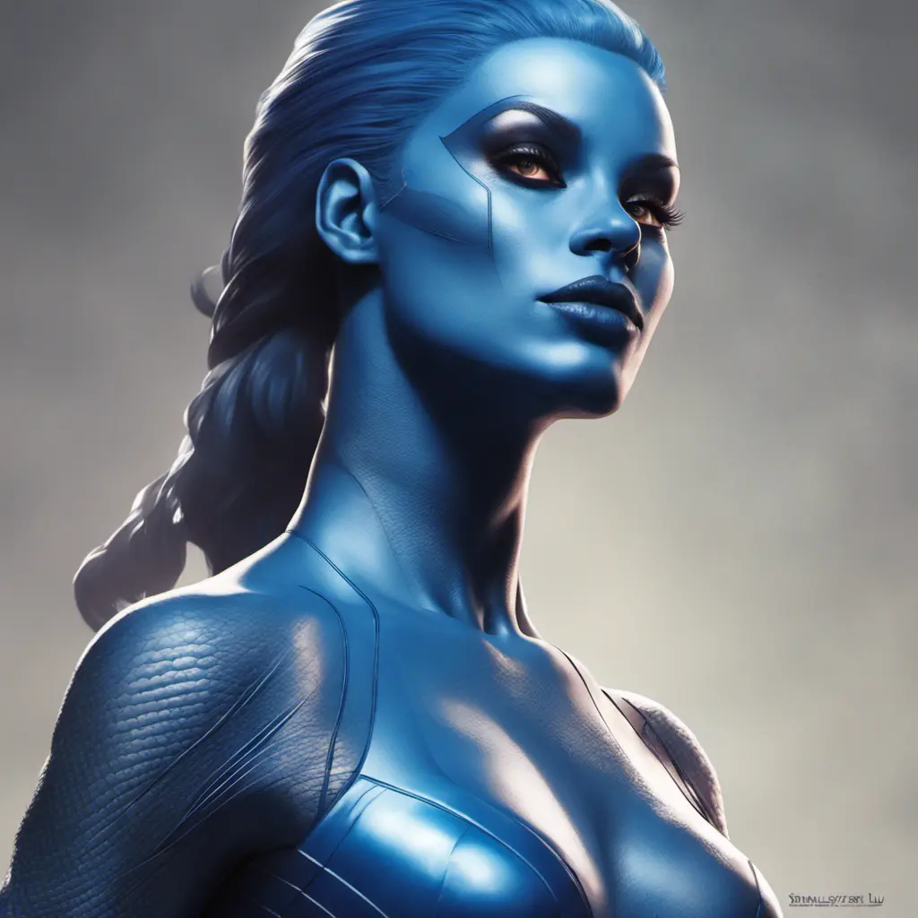 Alluring matte portrait of a beautiful Mystique from Xmen in the style of Stefan Kostic, 8k, Highly Detailed, Intricate, Half Body, Realistic, Sharp Focus, Volumetric Lighting, Fantasy, Elegant by Stanley Artgerm Lau, Greg Rutkowski