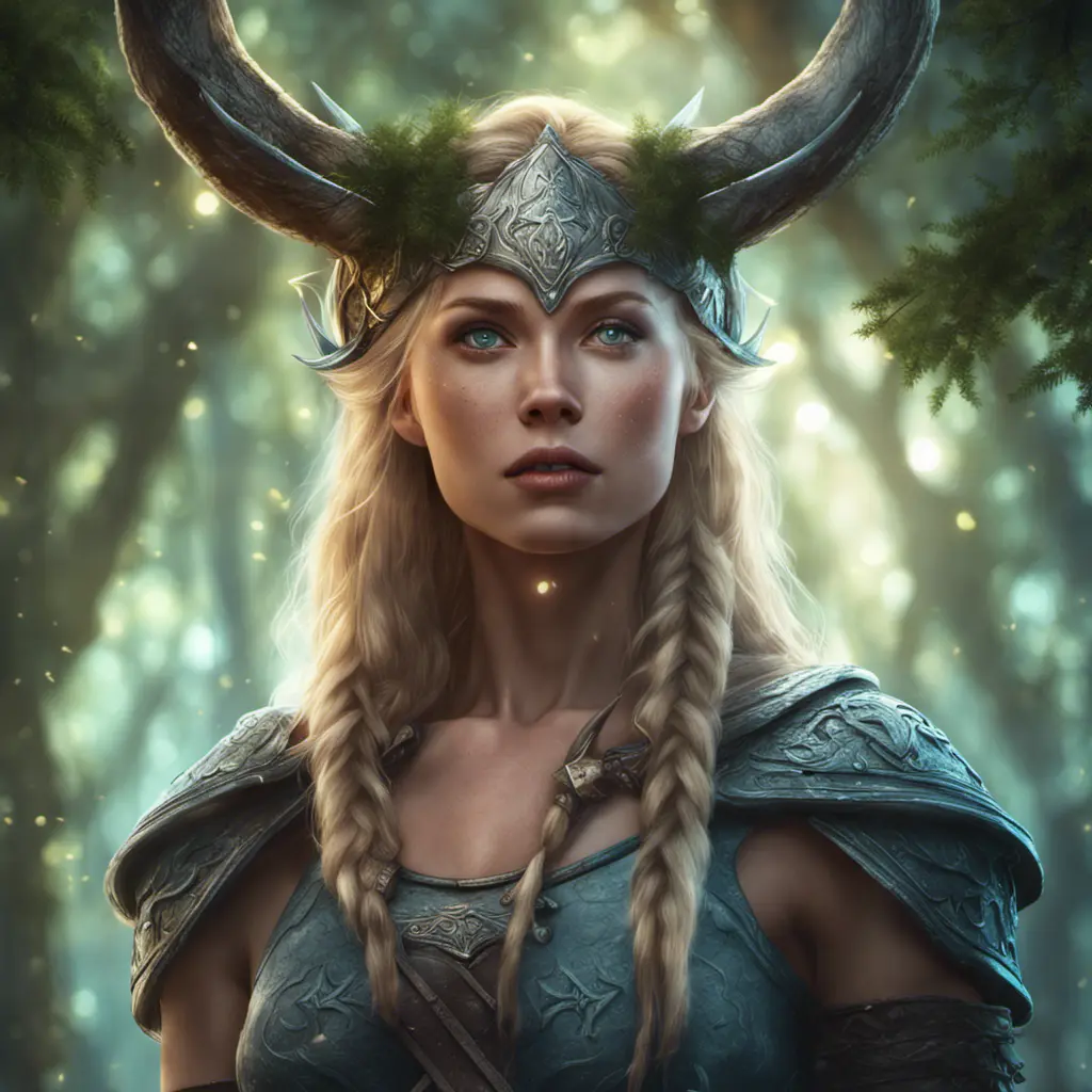 Closeup of a beautiful female viking in a magical forest, 4k, Highly Detailed, Masterpiece, Pretty Face, Digital Illustration, Cinematic Lighting, Realistic, Sharp Focus, Centered, Beautifully Lit, Bioluminescent by Stanley Artgerm Lau