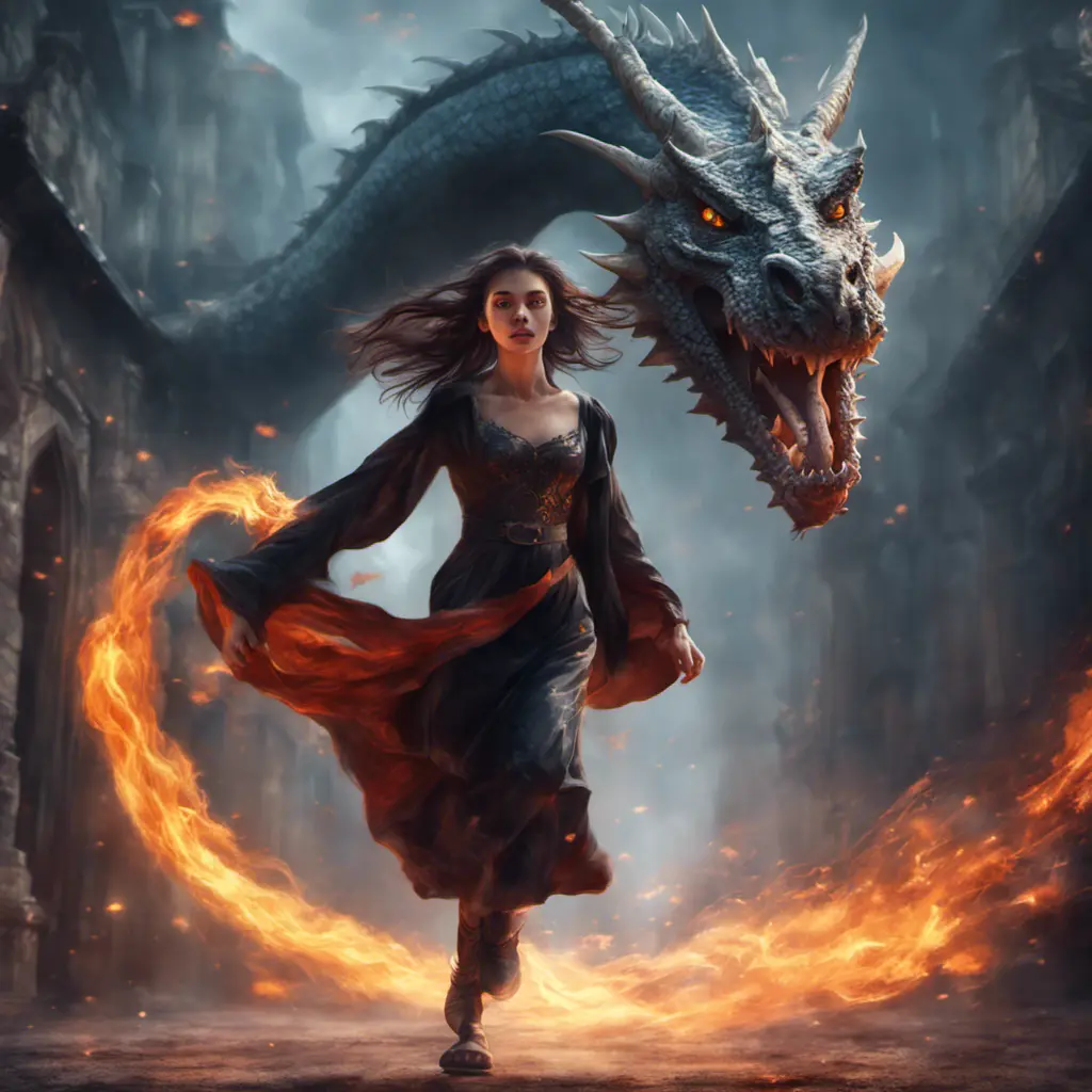 Beautiful sorceress girl running away from dragon, Gothic and Fantasy, Stunning, Digital Painting, Cinematic Lighting, Sharp Focus