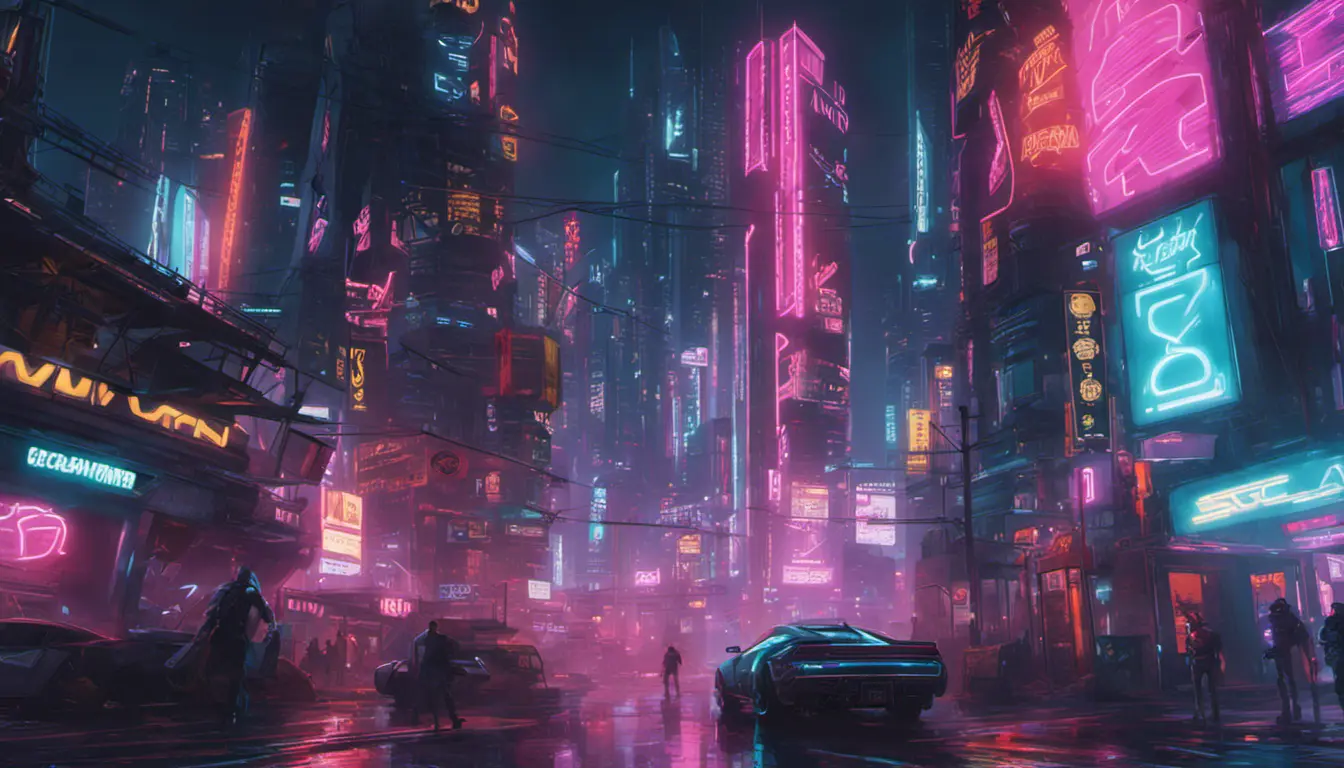 Neon city lights of Cyberpunk 2077, Highly Detailed, Intricate, Artstation, Beautiful, Digital Painting, Sharp Focus, Concept Art, Elegant