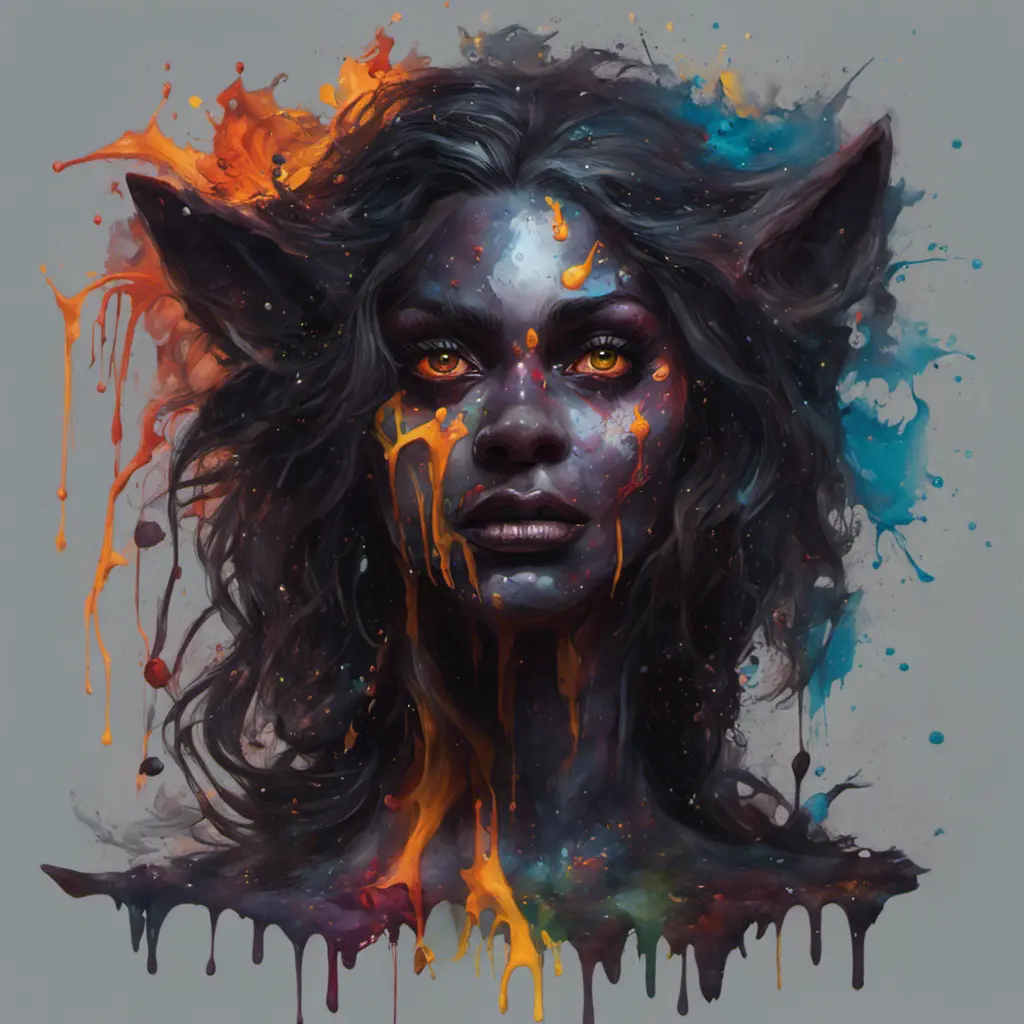 splash art, a quirky liquid portrait of a hauntingly beautiful dark werewolf woman, splash style of paint, Pixar style, Halloween colors, fantastical, splashy, 4k resolution, 8k, Hyper Detailed, Intricate Details, Masterpiece, Oil on Canvas, Concept Art, Digital Art, Dark