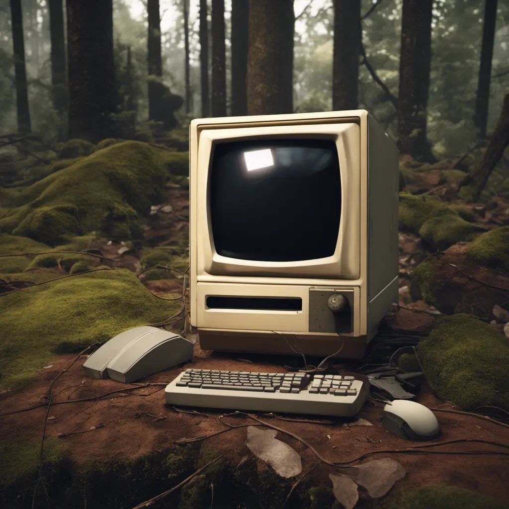 Retro Macintosh desktop computer abandoned in the woods, shot on leica, Unreal Engine, Dynamic Lighting, Volumetric Lighting