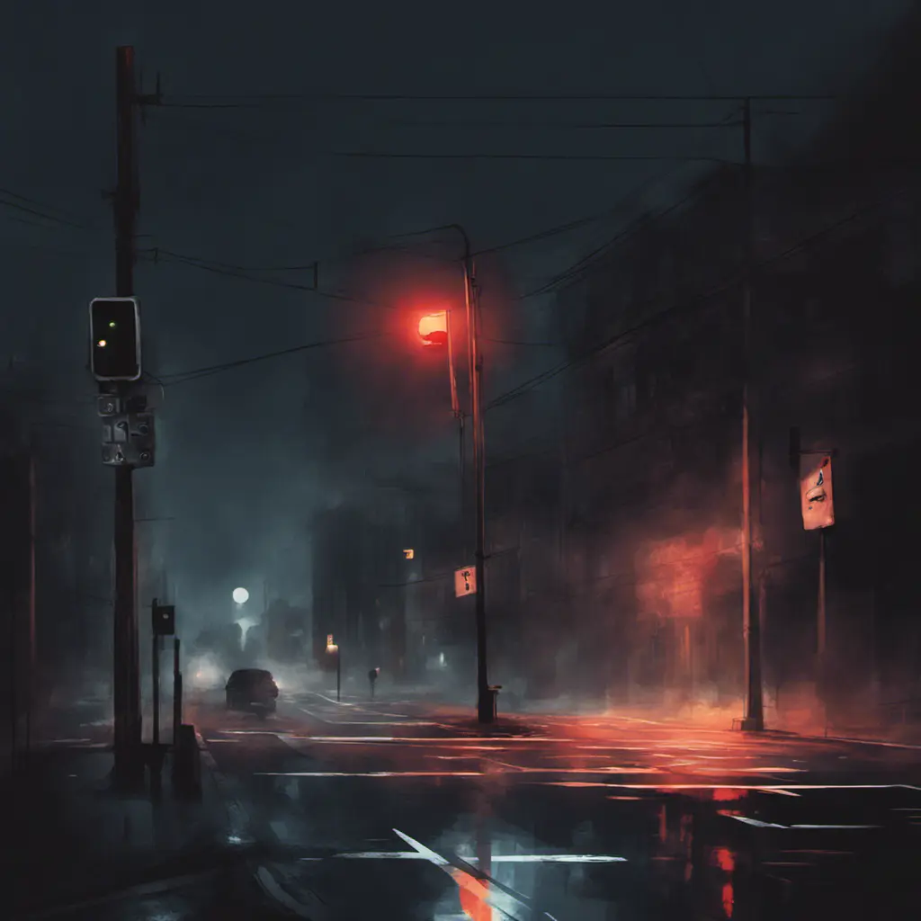 A simple bright trafficlight at a street corner at night, Dystopian, Digital Painting, Dark