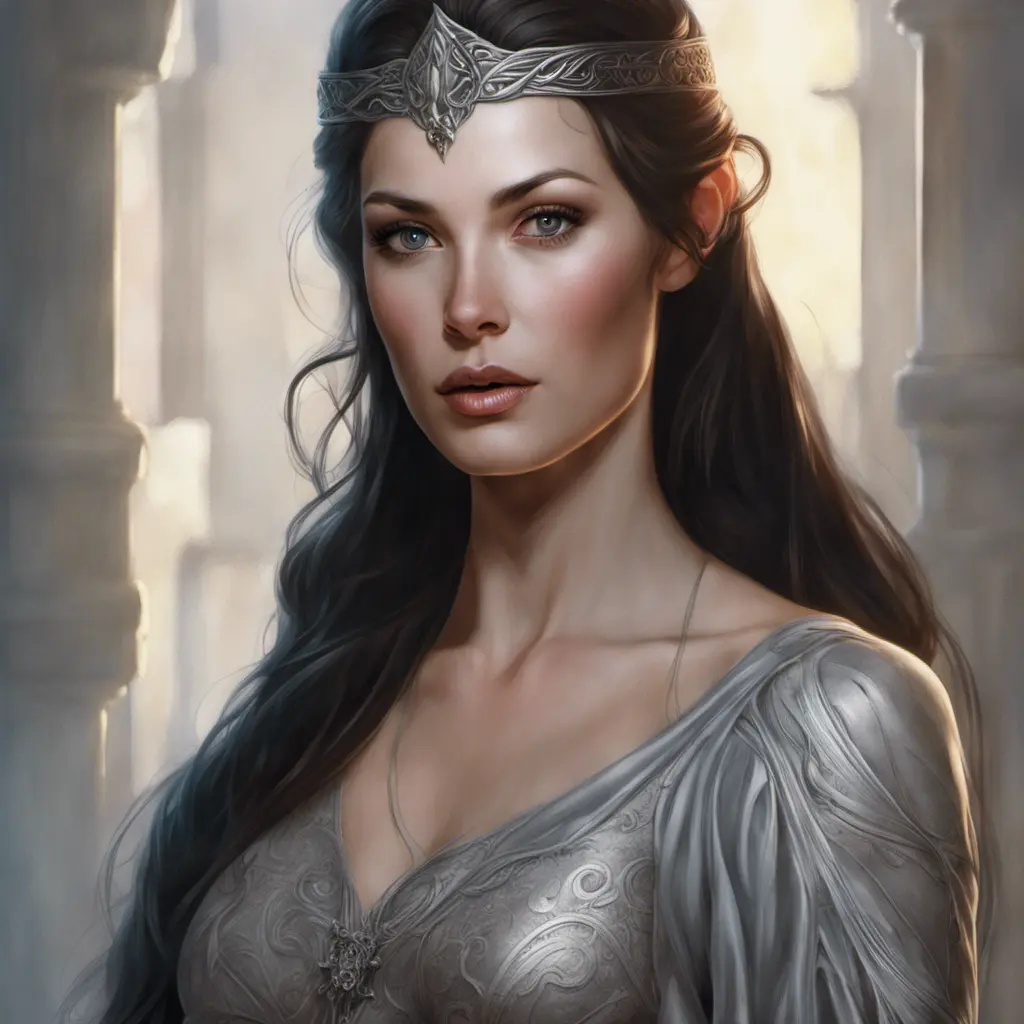 Alluring matte portrait of a beautiful Arwen in the style of Stefan Kostic, 8k, Highly Detailed, Intricate, Half Body, Realistic, Sharp Focus, Volumetric Lighting, Fantasy, Elegant by Stanley Artgerm Lau, Greg Rutkowski