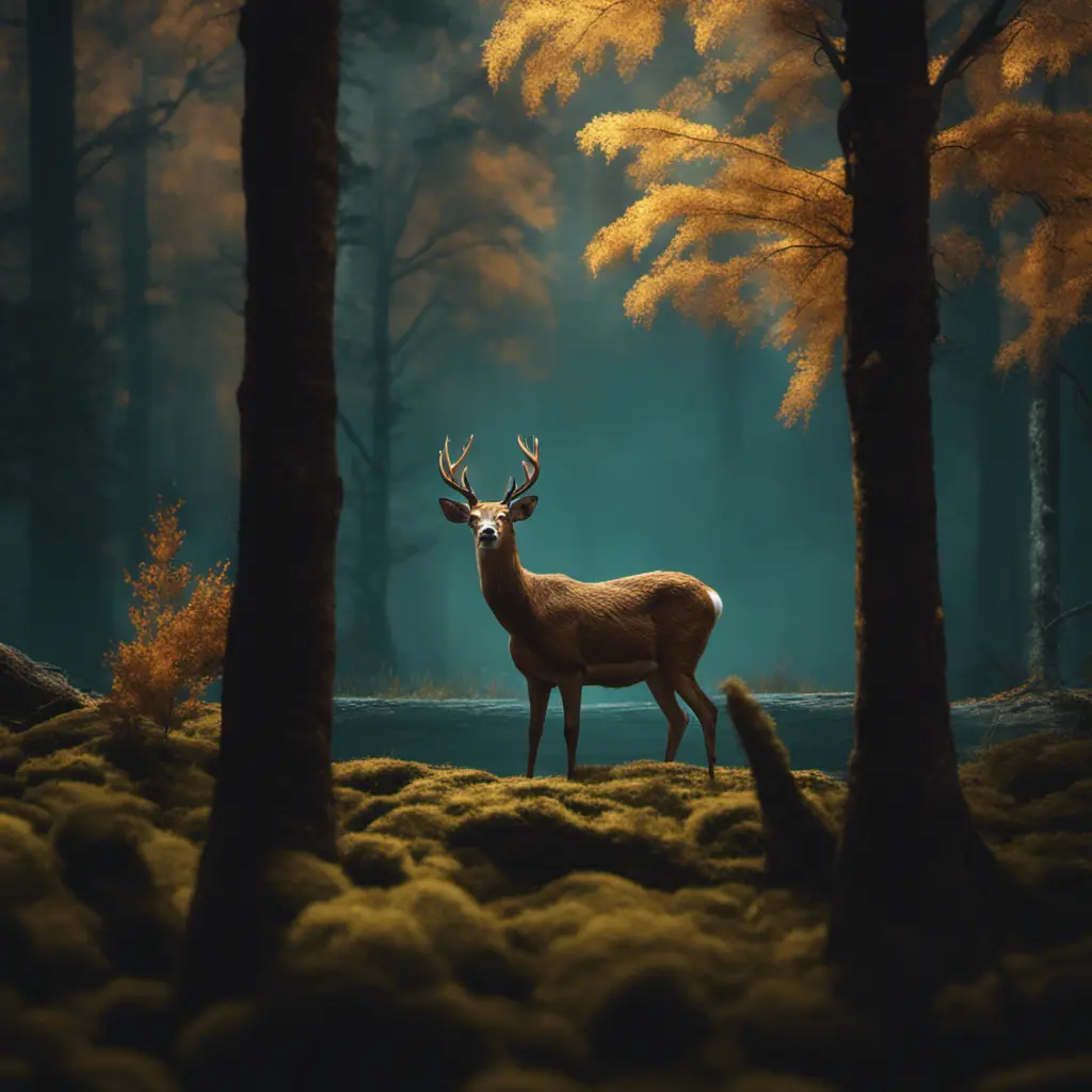 A deer among the trees, forest lake, moss, cold weather, dark teal and amber, Cinematic Lighting, Volumetric Lighting