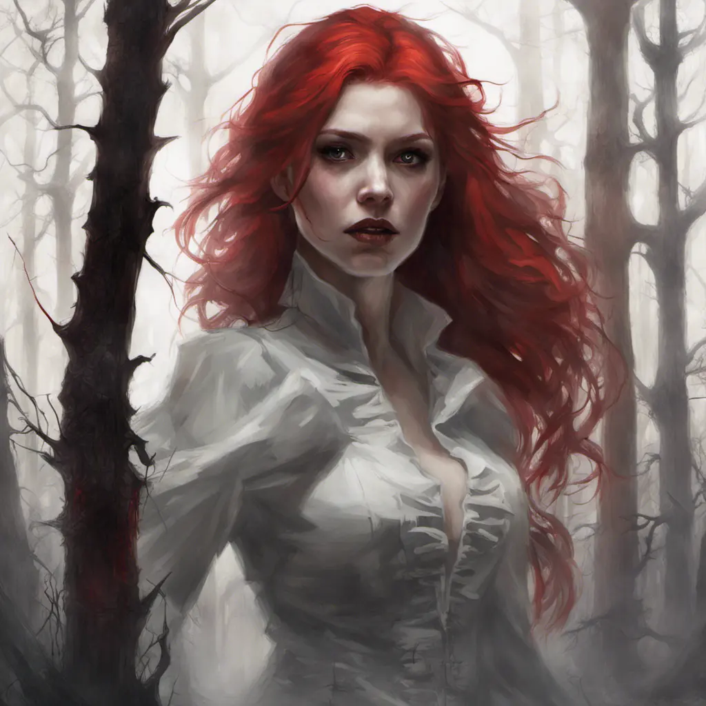 Red haired vampire in a haunted forest, Highly Detailed, Intricate, Gothic, Volumetric Lighting, Fantasy, Dark by Stanley Artgerm Lau