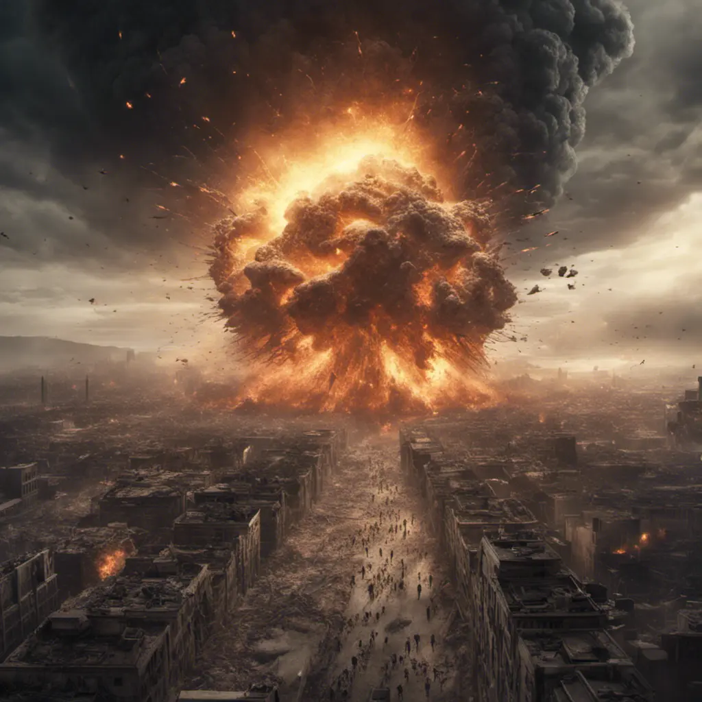 a mass explosion on earth that destroys all of humanity, scary, massive explosion, humans running away from it, 8k, Dystopian, Dark