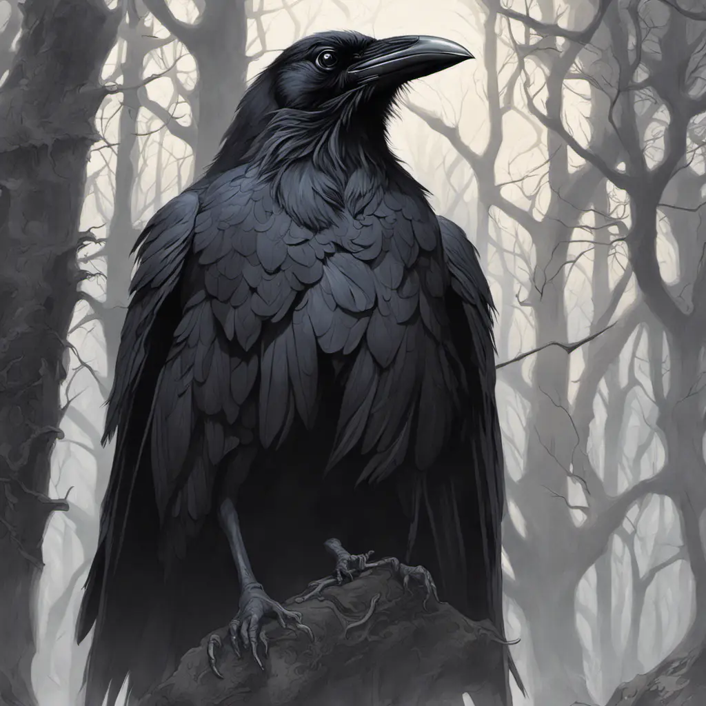 Raven in a haunted forest, Highly Detailed, Intricate, Gothic, Volumetric Lighting, Fantasy, Dark by Stanley Artgerm Lau