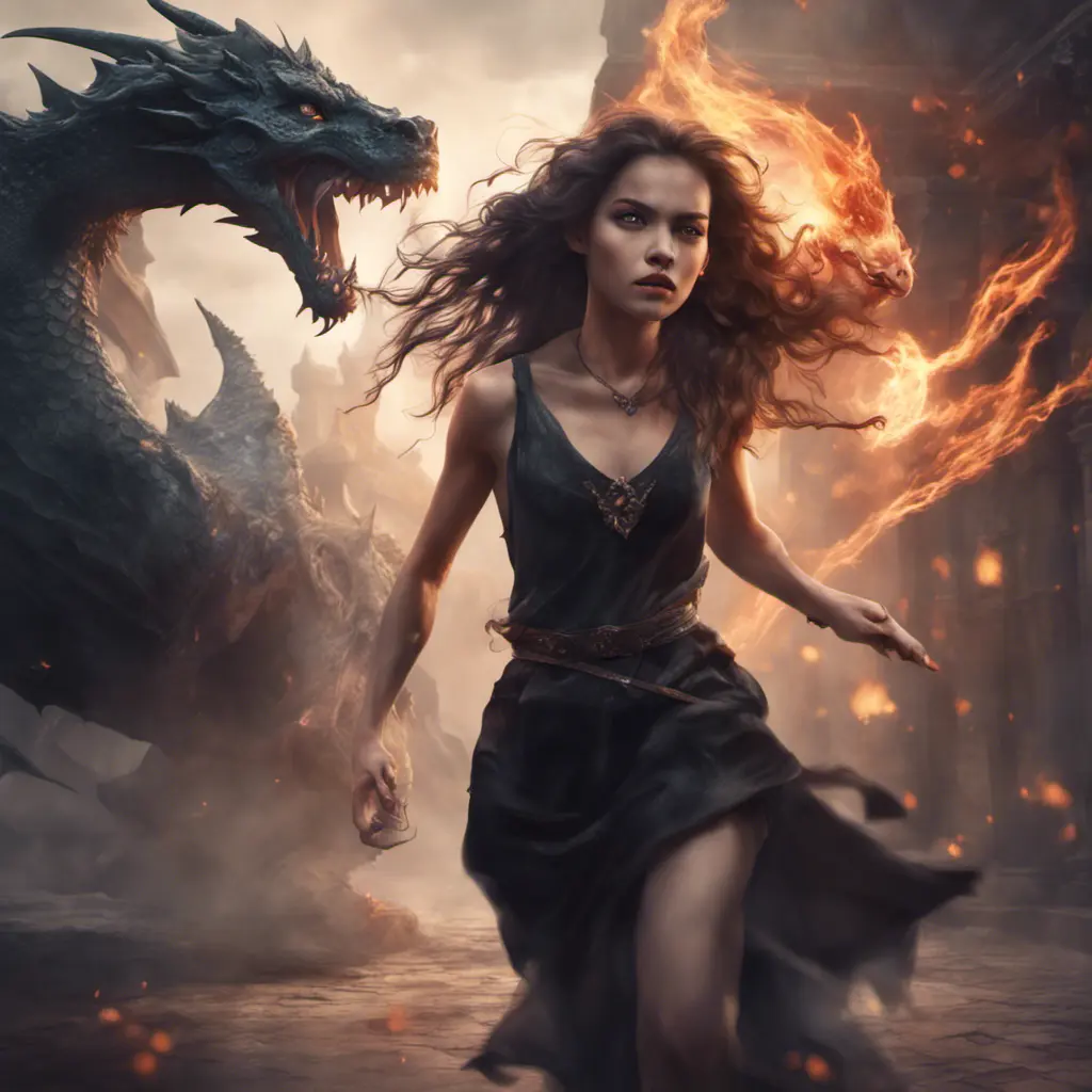 Beautiful sorceress girl running away from dragon, Gothic and Fantasy, Stunning, Digital Painting, Cinematic Lighting, Sharp Focus