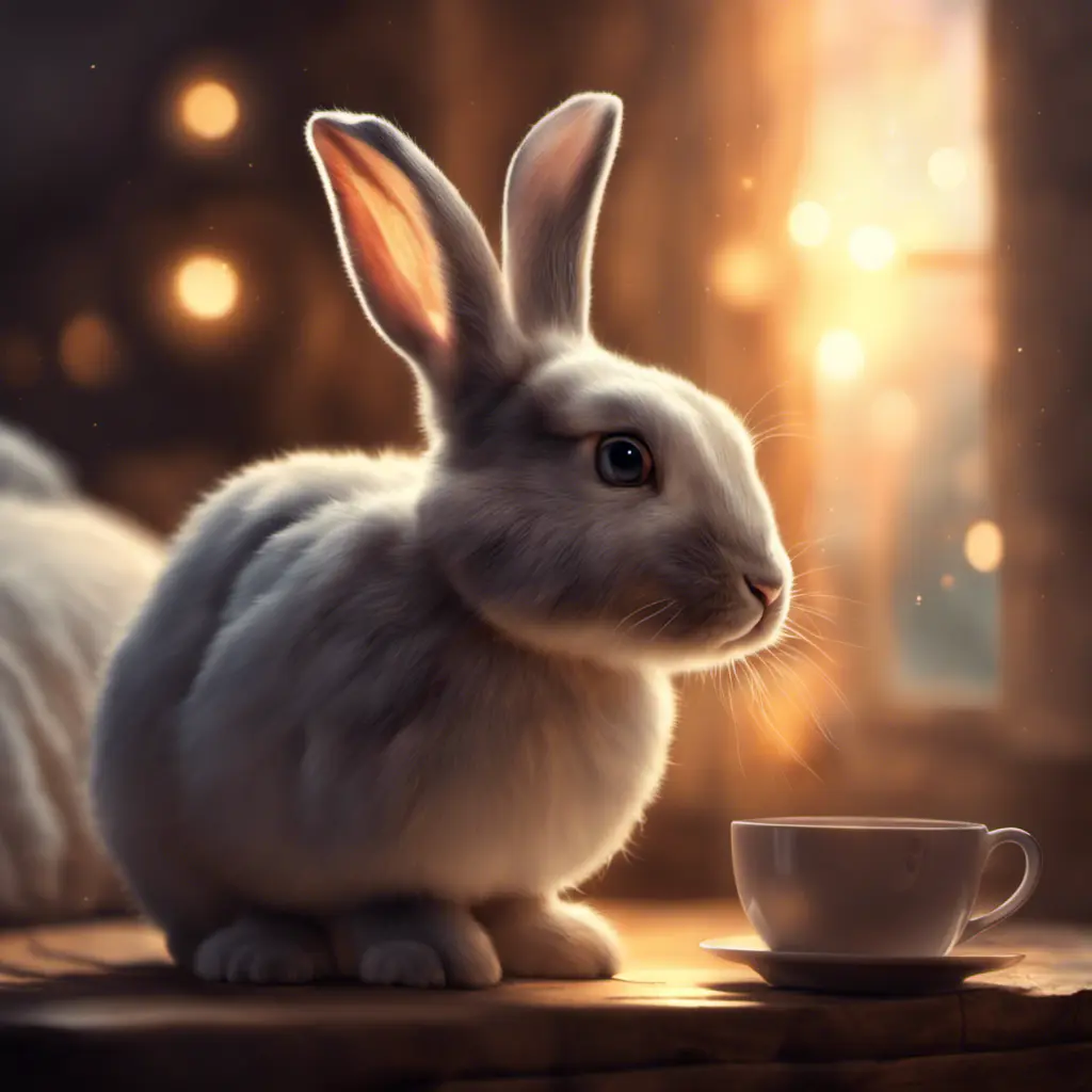 Epic shot of ultra cute rabbit in a wonderful cozy atmosphere, ultra inviting, luminous, evening atmosphere, Digital Painting, Photo Realistic, Sharp Focus