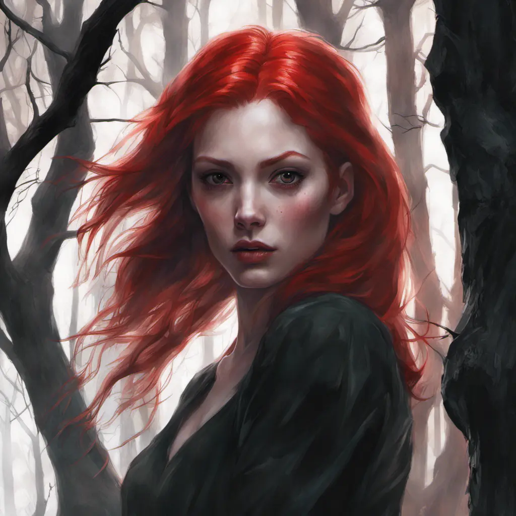 Red haired vampire in a haunted forest, Highly Detailed, Intricate, Gothic, Volumetric Lighting, Fantasy, Dark by Stanley Artgerm Lau