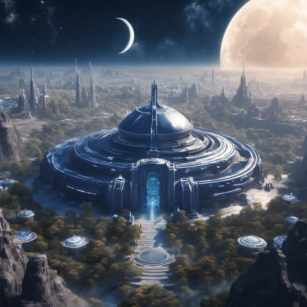 Distant view of a large round indigo temple in the center of a futuristic community. Extraterrestrial landscape. The moon and stars can be seen in the sky even during the day., 8k, Sci-Fi