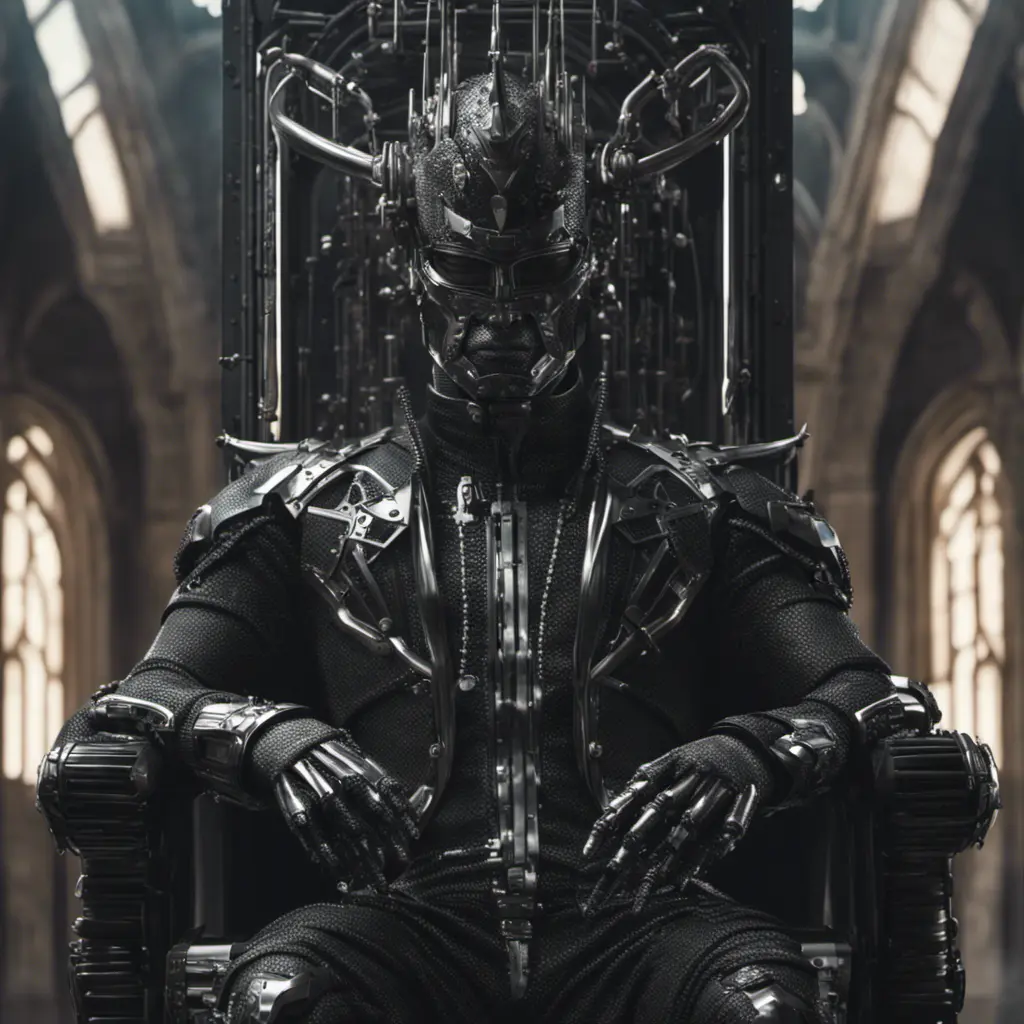 An ultrarrealistic distant   photograph of a futuristic medieval  king style  power suit, made of black mate  metal and polymer, full crystal hull, for a man, visible wires,  sitting in a throne, 8k, Dystopian, Elegant