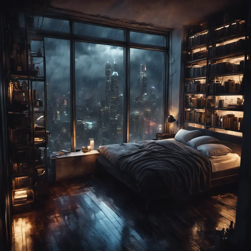 Beautiful cozy, tiny, cramped bedroom with floor to ceiling glass windows overlooking a cyberpunk city at night, view from top of skyscraper, bookshelves, thunderstorm outside with torrential rain, 8k, Highly Detailed, Photo Realistic, Dark, Gloomy