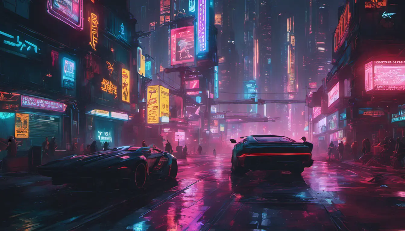 Neon city lights of Cyberpunk 2077, Highly Detailed, Intricate, Artstation, Beautiful, Digital Painting, Sharp Focus, Concept Art, Elegant