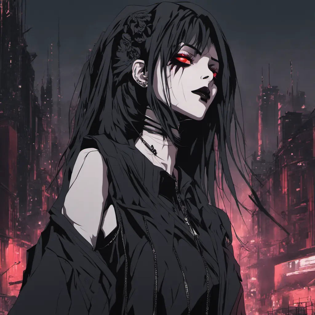 Goth woman in evil anime style, 8k, Dystopian, Dark