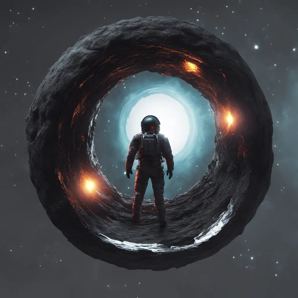 Digital art of Black hole containing strange object astronaut, Sci-Fi, Volumetric Lighting