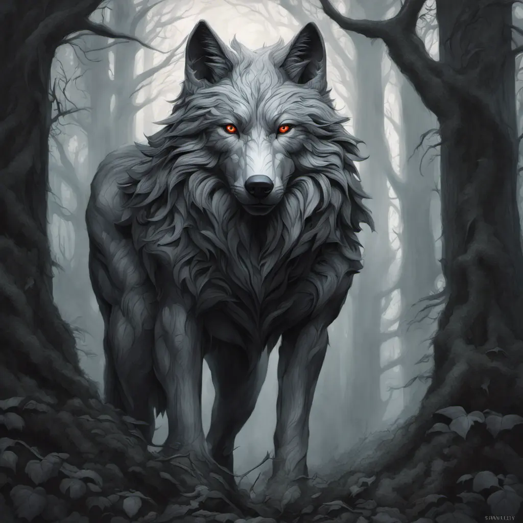 Wolf in the forst, Highly Detailed, Intricate, Gothic, Volumetric Lighting, Fantasy, Dark by Stanley Artgerm Lau