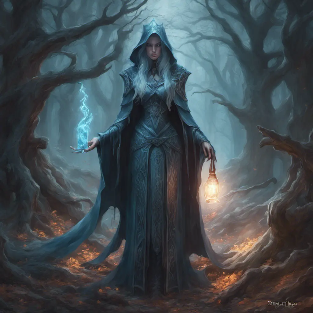 Ice mage in a haunted forest, Highly Detailed, Intricate, Gothic, Volumetric Lighting, Fantasy, Dark by Stanley Artgerm Lau