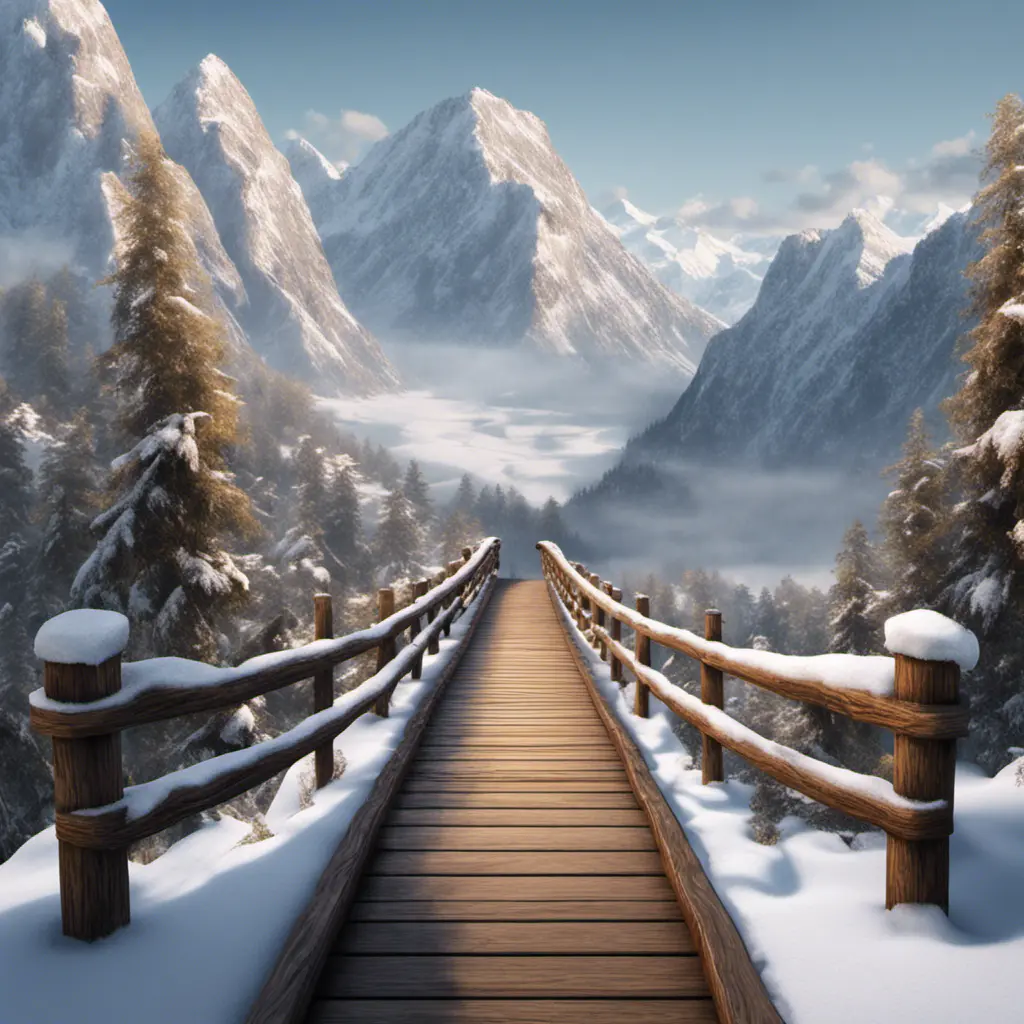 A steep cliff, in the middle of snow-capped mountains go to a big wood bridge., 8k, Masterpiece, Wallpaper, Hyper Realistic