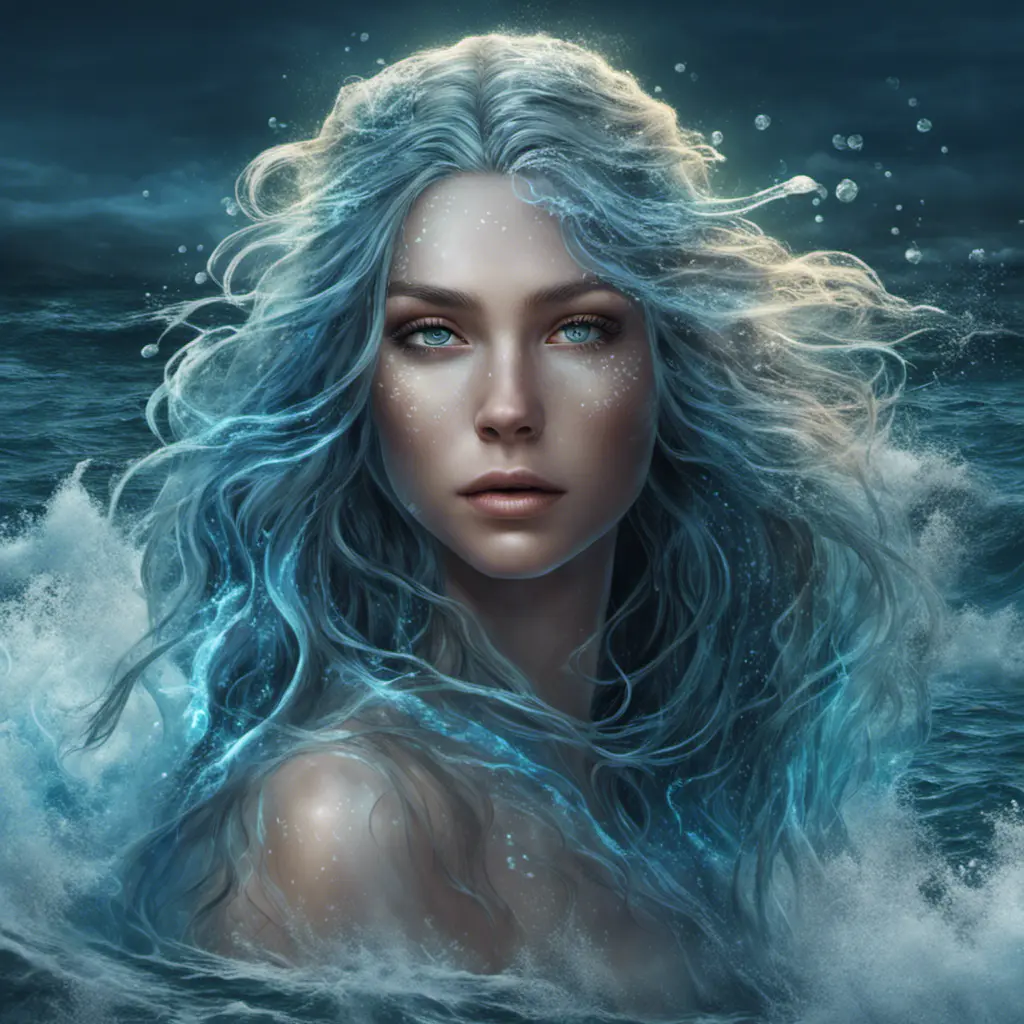 "magical ocean goddess", water, spray, waves, flowing hair, head and shoulders portrait, finely drawn eyes, 8k, Fantasy