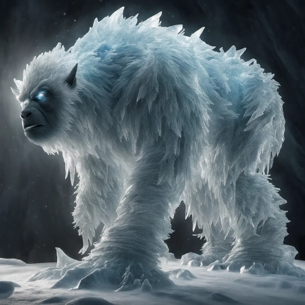 The Glacial Yeti is a towering ice creature that glistens with frost. Watch as ice crystals form and shatter realistically as it moves through its frigid habitat, 8k