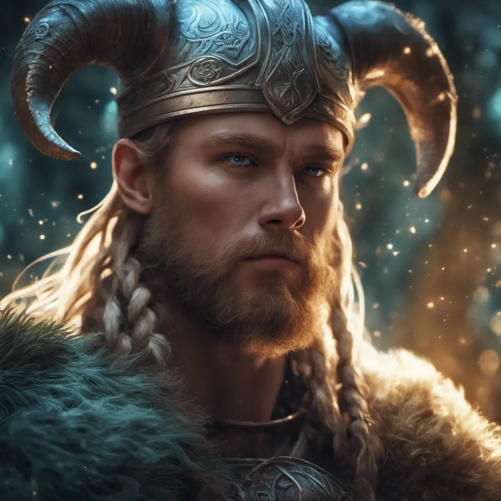 Closeup of a beautiful viking in a magical forest, 4k, Highly Detailed, Masterpiece, Pretty Face, Digital Illustration, Cinematic Lighting, Realistic, Sharp Focus, Centered, Beautifully Lit, Bioluminescent by Stanley Artgerm Lau