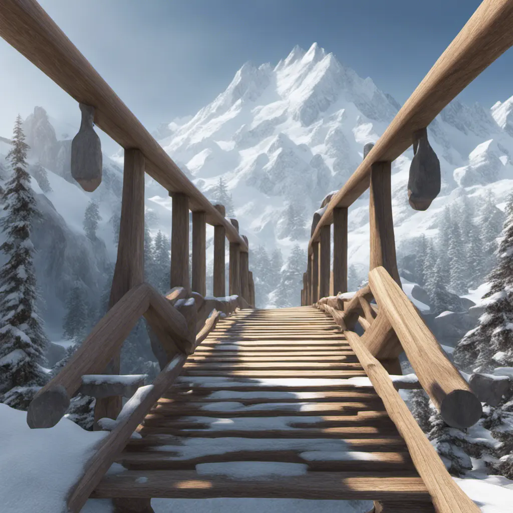 A steep cliff, in the middle of snow-capped mountains go to a big wood bridge., 8k, Masterpiece, Wallpaper, Hyper Realistic