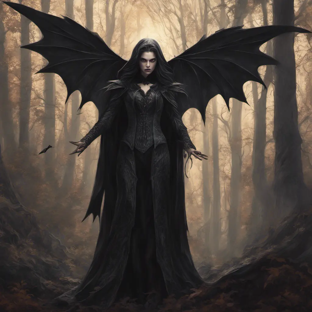 Winged vampire in a haunted forest, Highly Detailed, Intricate, Gothic, Volumetric Lighting, Fantasy, Dark by Stanley Artgerm Lau