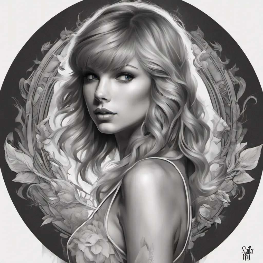 Matte portrait of Taylor Swift with colored tattoos, 4k, Highly Detailed, Powerful, Alluring, Artstation, Magical, Digital Painting, Photo Realistic, Sharp Focus, Grayscale, Volumetric Lighting, Concept Art by Stanley Artgerm Lau, Alphonse Mucha, Greg Rutkowski