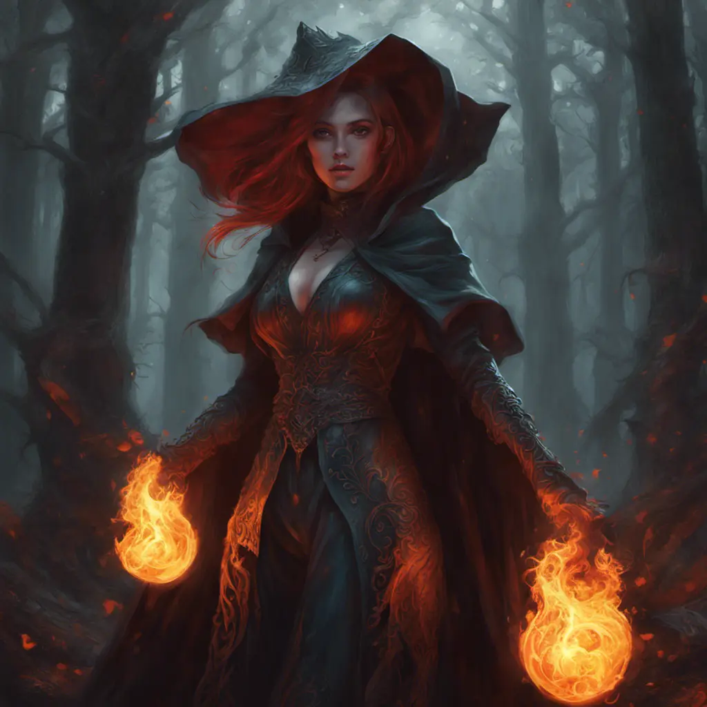 Fire mage in a haunted forest, Highly Detailed, Intricate, Gothic, Volumetric Lighting, Fantasy, Dark by Stanley Artgerm Lau