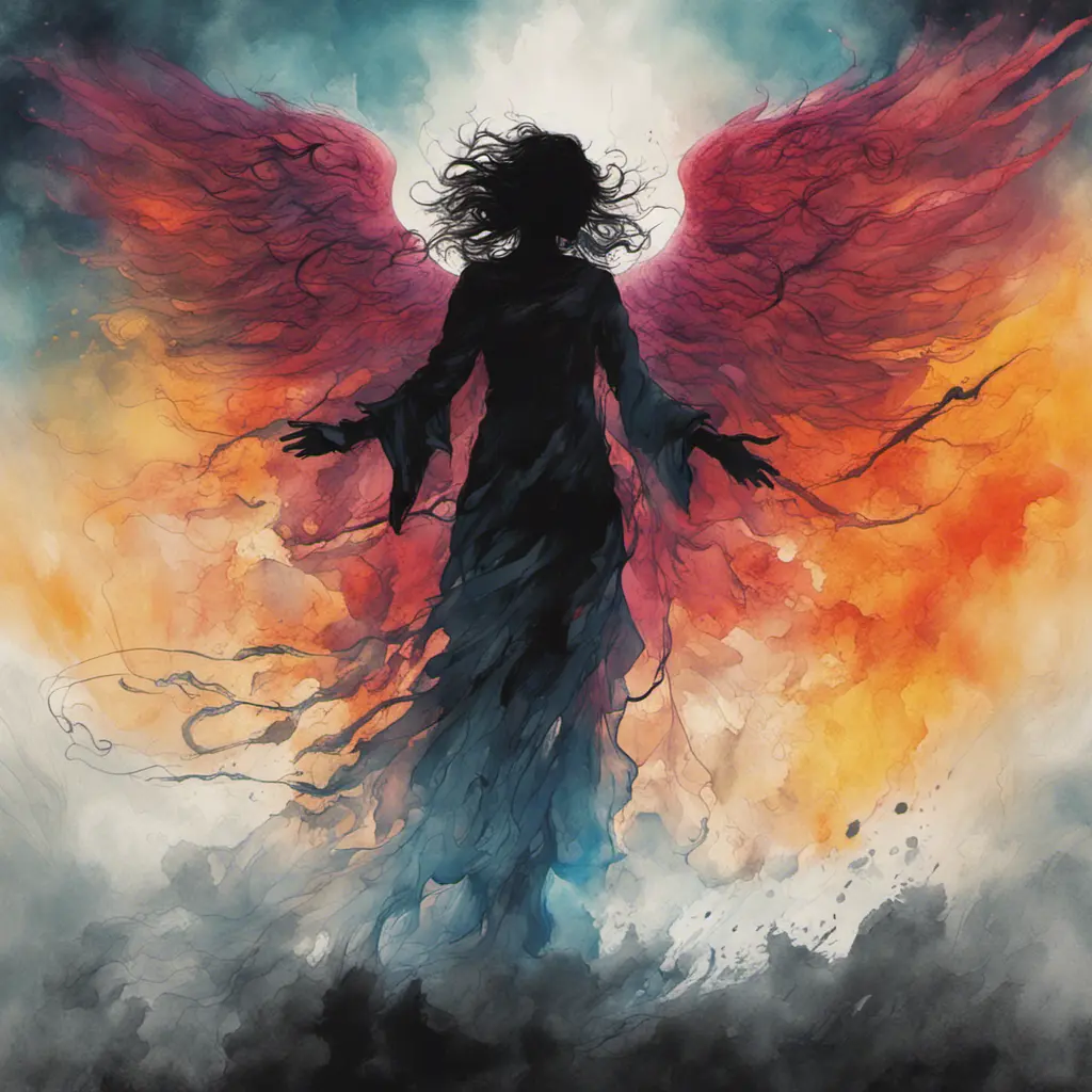 Silhouette of an Angel emerging from the fog of war, ink splash, Highly Detailed, Vibrant Colors, Ink Art, Fantasy, Dark by Stanley Artgerm Lau