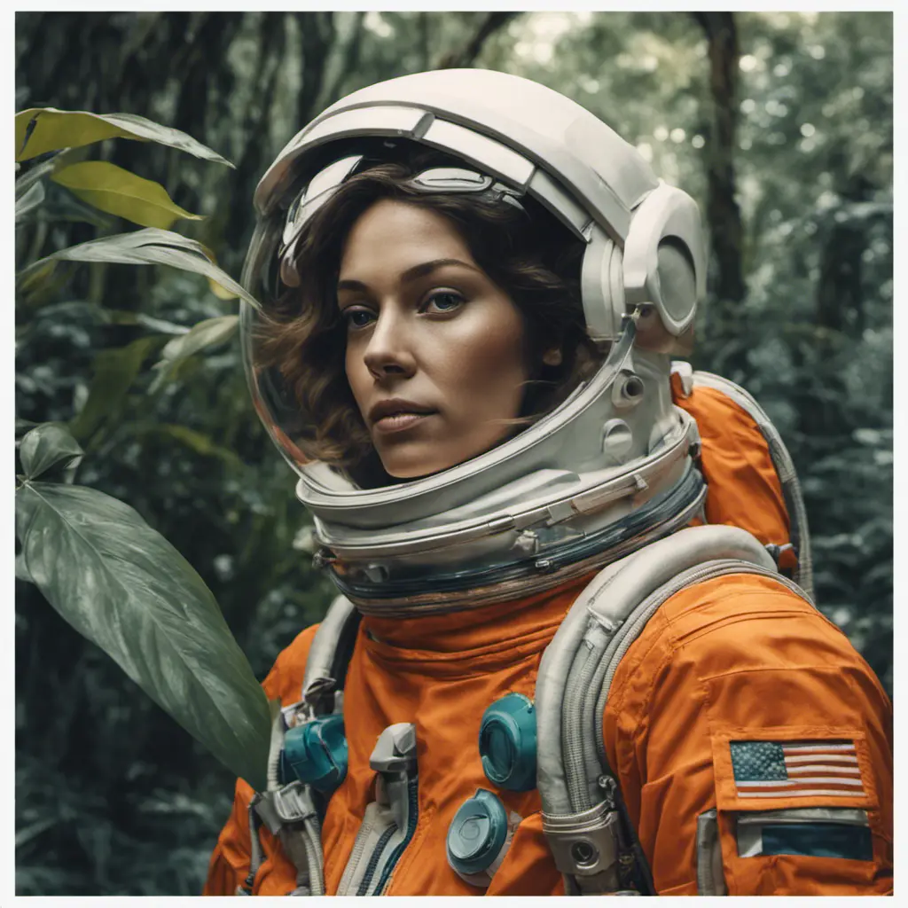 Medium-full shot, muted photo portrait titled "female Astronaut in a Jungle", tangerine space suit, muted palette, reflections, 8k, Highly Detailed