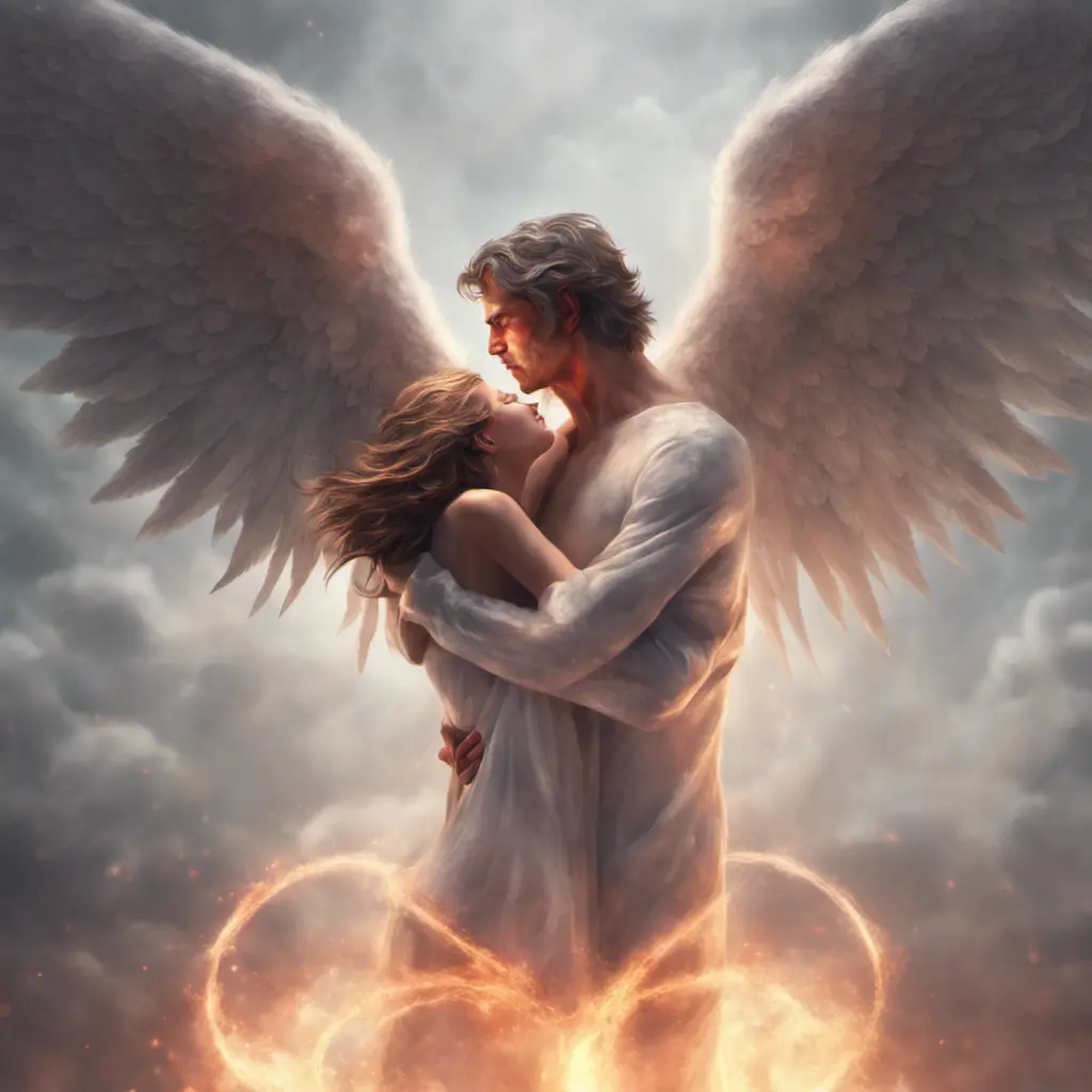 An angel flying hugging a demon flying, forming a heart shape, 4k, Photo Realistic, Fantasy