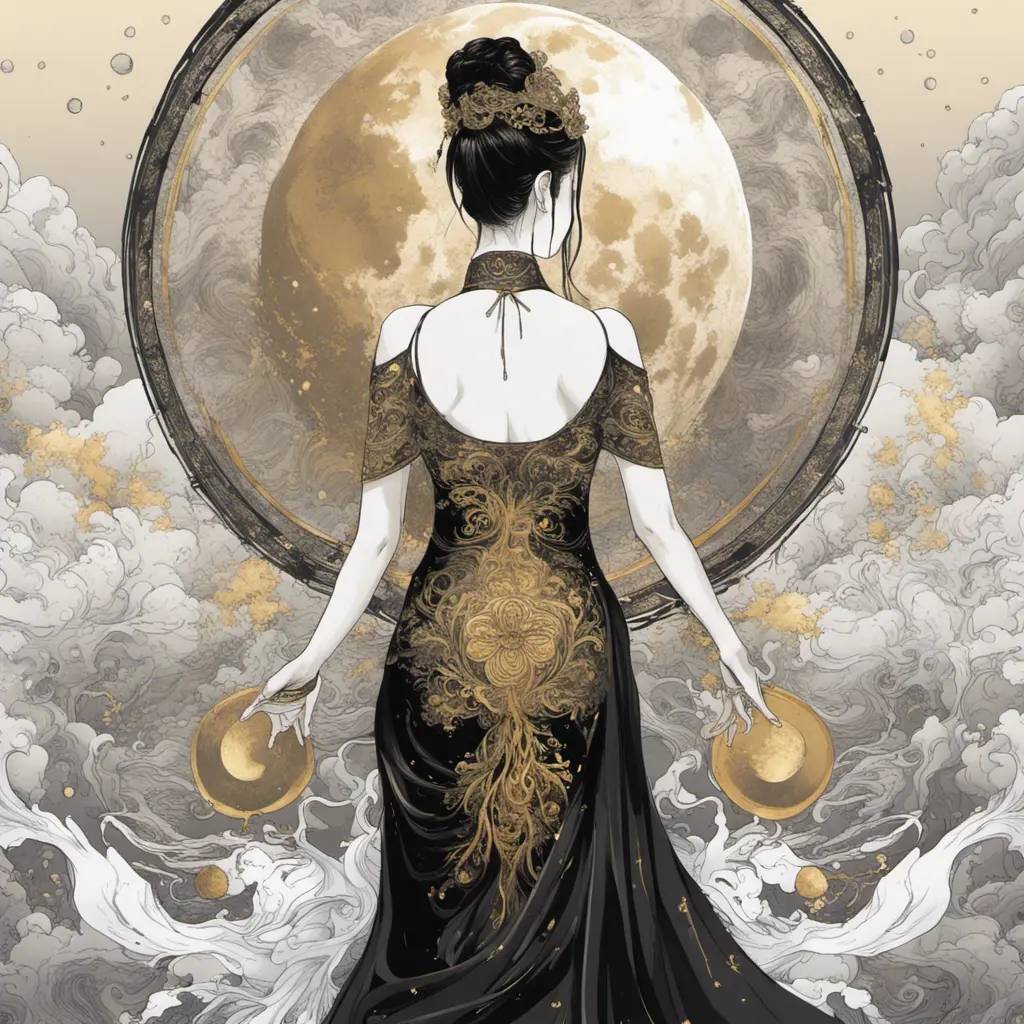 Full body back of an Asian goddess in a black dress with gold decorations. A dress with no flesh on the back, holding a fan in one hand. hyperdetailed eyes, Poster design, line art, a fantastically large moon background, ultra detailed artistic, detailed gorgeous face, natural skin, colour splash art, fire and ice, splatter, black ink, liquid melting, dreamy, glowing, glamour, glimmer, shadows, brush strokes, ominous, golden ratio, production cinematic character render, ultra high quality model, 8k, Highly Detailed, Intricate, Masterpiece, Oil on Canvas, Sharp Focus, Smooth, Unreal Engine, Glamour Shot, Vibrant Colors, Ominous