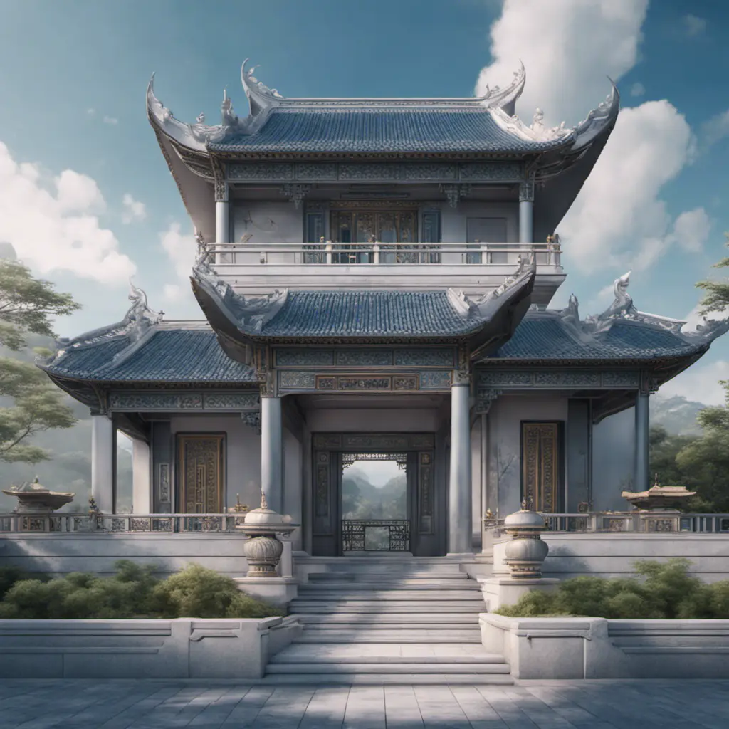 A gorgeous Chinese - style high - rise villa stands in the valley, luxurious majestic silver - grey blue antique palace, 8k, HD, High Definition, Soft Lighting