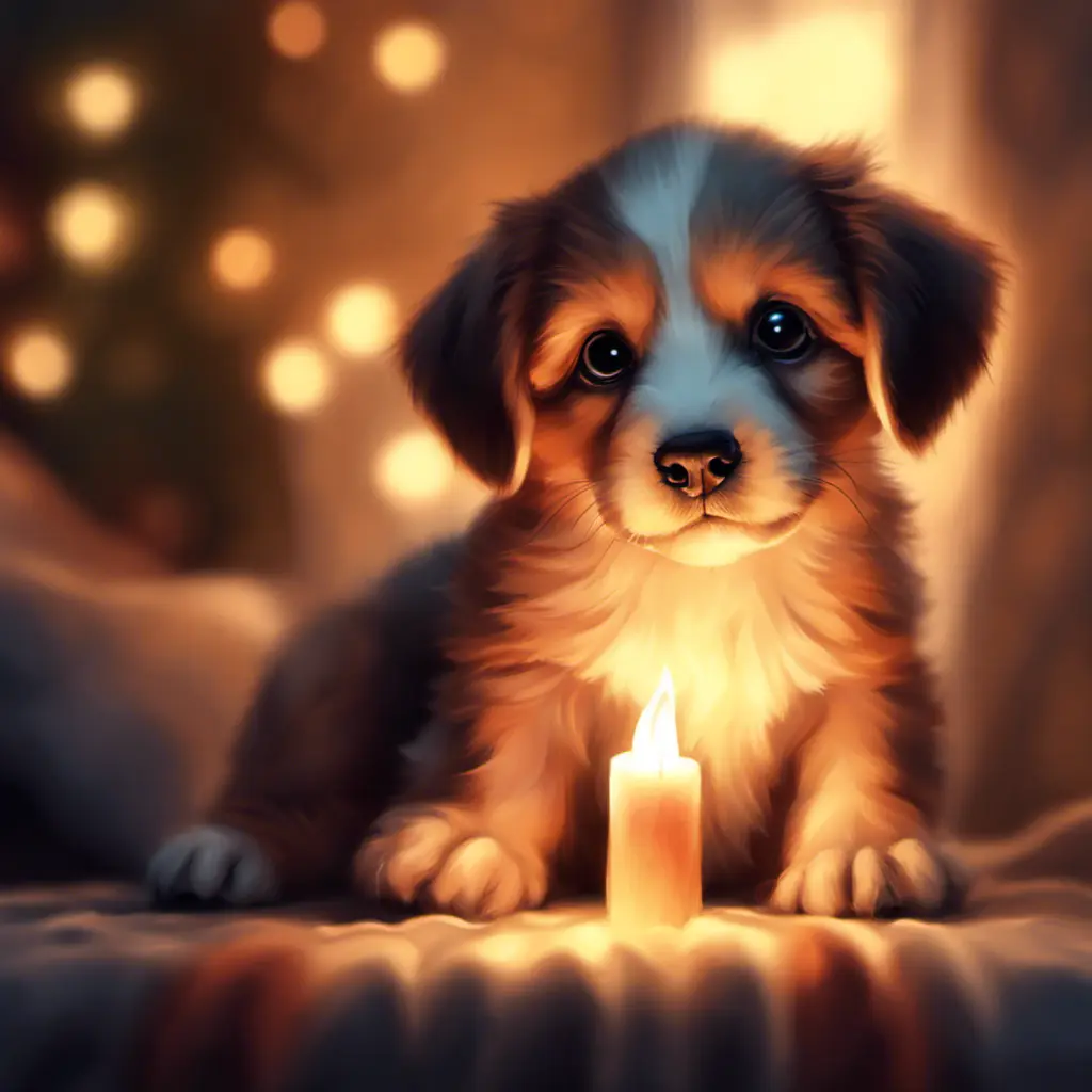 Epic shot of ultra cute puppy in a warm cozy evening candle lit atmosphere, Digital Painting, Photo Realistic, Sharp Focus