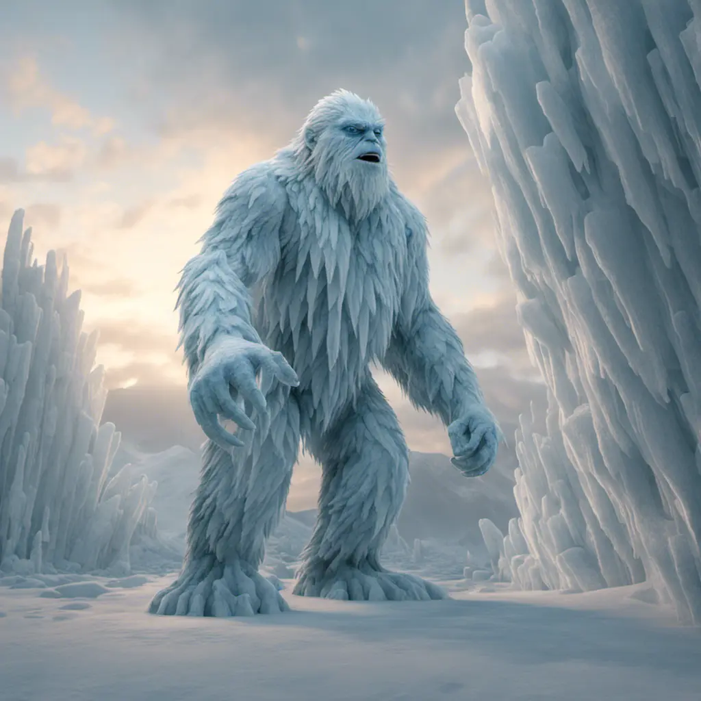 The Glacial Yeti is a towering ice creature that glistens with frost. Watch as ice crystals form and shatter realistically as it moves through its frigid habitat, 8k