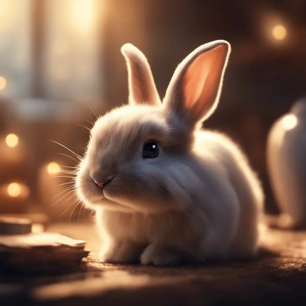 Epic shot of ultra cute rabbit in a wonderful cozy atmosphere, ultra inviting, luminous, evening atmosphere, Digital Painting, Photo Realistic, Sharp Focus