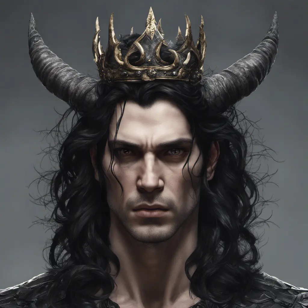 Head of a man with black hair wearing a horned crown, 4k resolution, Ultra Detailed, Closeup of Face, Gothic and Fantasy, Gothic, Horns, Large Eyes, Strong Jaw