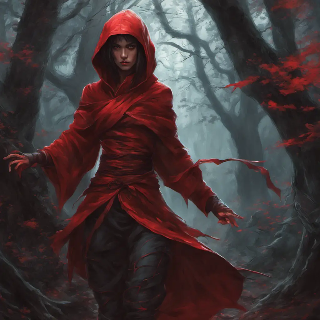 Red hooded female ninja in a haunted forest, Highly Detailed, Intricate, Gothic, Volumetric Lighting, Fantasy, Dark by Stanley Artgerm Lau