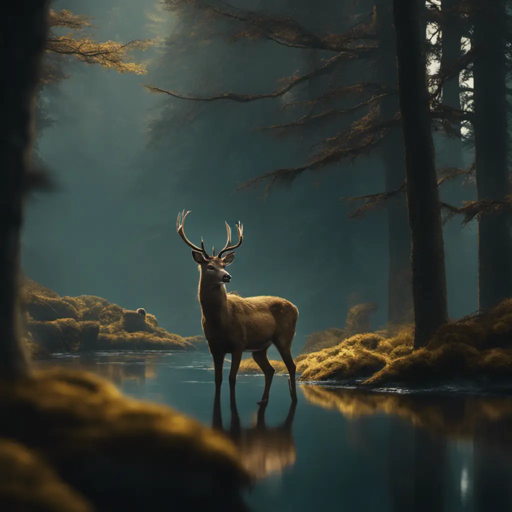 A deer among the trees, forest lake, moss, cold weather, dark teal and amber, Cinematic Lighting, Volumetric Lighting