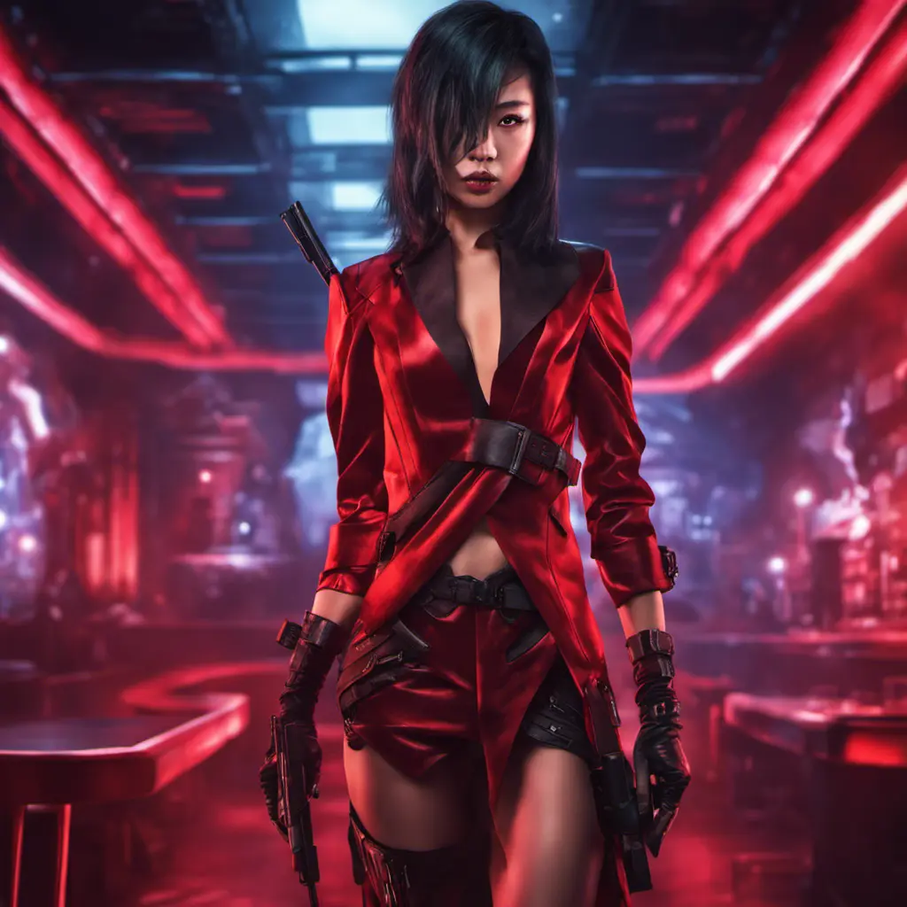 A fierce armed asian assassin in silk red dress at a high tech nightclub, Cyberpunk, Sci-Fi, Photo Realistic