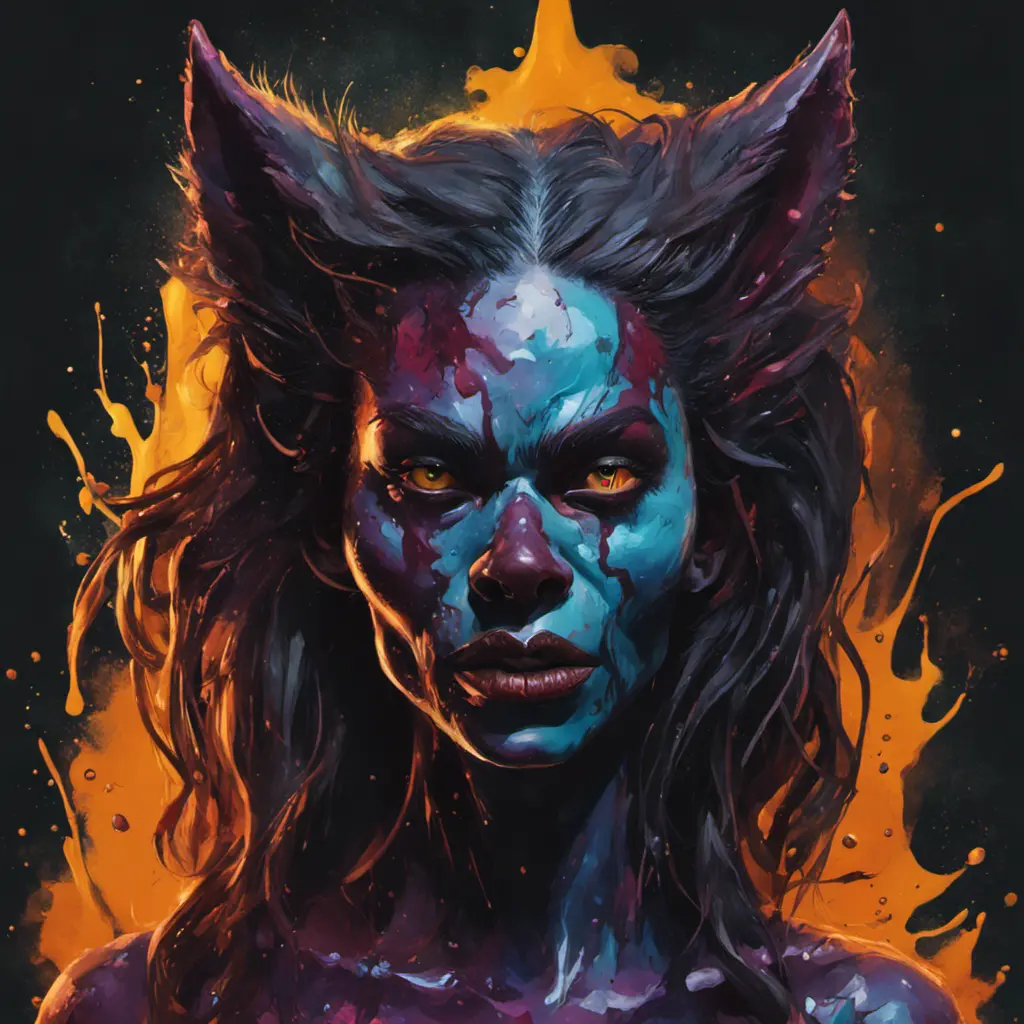 splash art, a quirky liquid portrait of a hauntingly beautiful dark werewolf woman, splash style of paint, Pixar style, Halloween colors, fantastical, splashy, 4k resolution, 8k, Hyper Detailed, Intricate Details, Masterpiece, Oil on Canvas, Concept Art, Digital Art, Dark