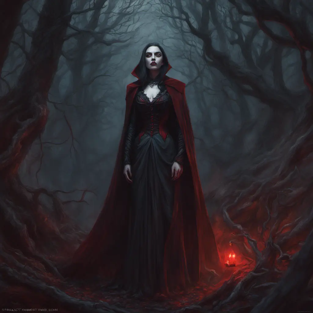 Female dracula in a haunted forest, Highly Detailed, Intricate, Gothic, Volumetric Lighting, Fantasy, Dark by Stanley Artgerm Lau