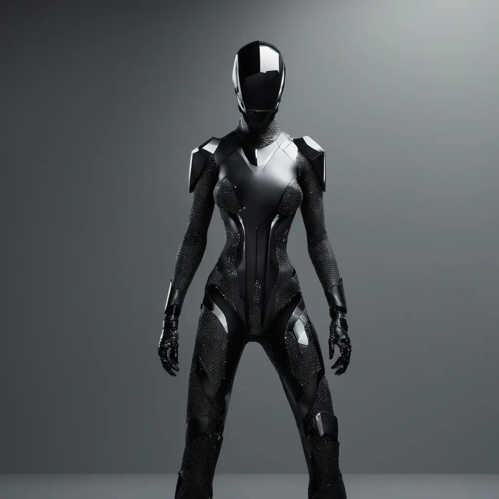 An ultrarealistic photograph of a minimalist futuristic full body power suit, without lights, made of black mate metal and polymer, full crystal hull, for a fit imposing woman, 8k, Dystopian, Modern, Minimalism, Elegant, Dark