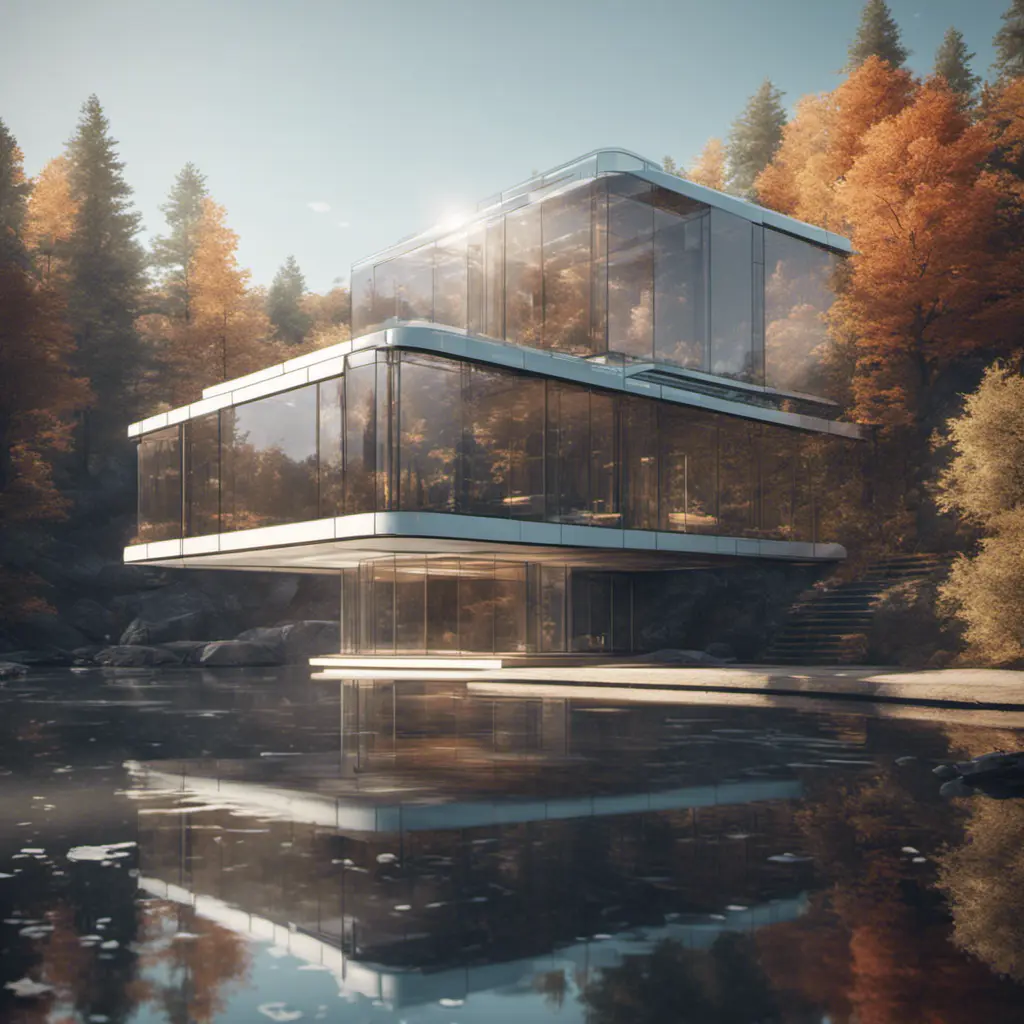 Beautiful futuristic architectural glass house in the forest on a large lake, 8k, Award-Winning, Highly Detailed, Beautiful, Epic, Octane Render, Unreal Engine, Radiant, Volumetric Lighting by Frank Lloyd Wright