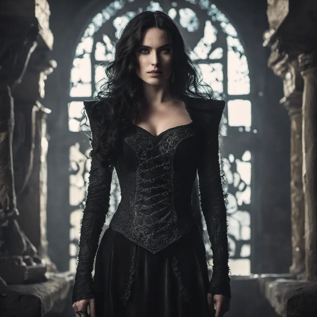 Annalena Baerbock as yennefer of vengerberg, tight dress, Intricate Details, Gothic and Fantasy, Volumetric Lighting