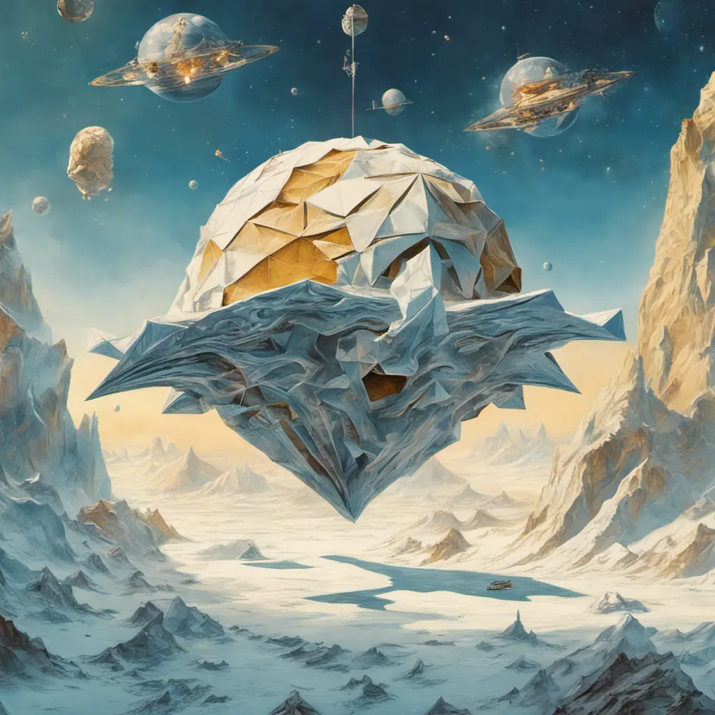 large landscape Photography, a large origami spaceship sailing in space around a frozen planet is attacked by enemy rockets, 80 degree view, 8k, Sci-Fi by Salvador Dali, James Jean