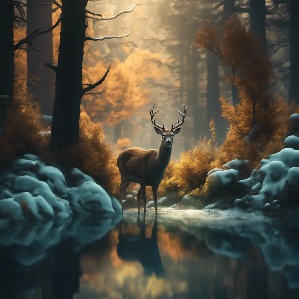 A deer among the trees, forest lake, moss, cold weather, dark teal and amber, Cinematic Lighting, Volumetric Lighting